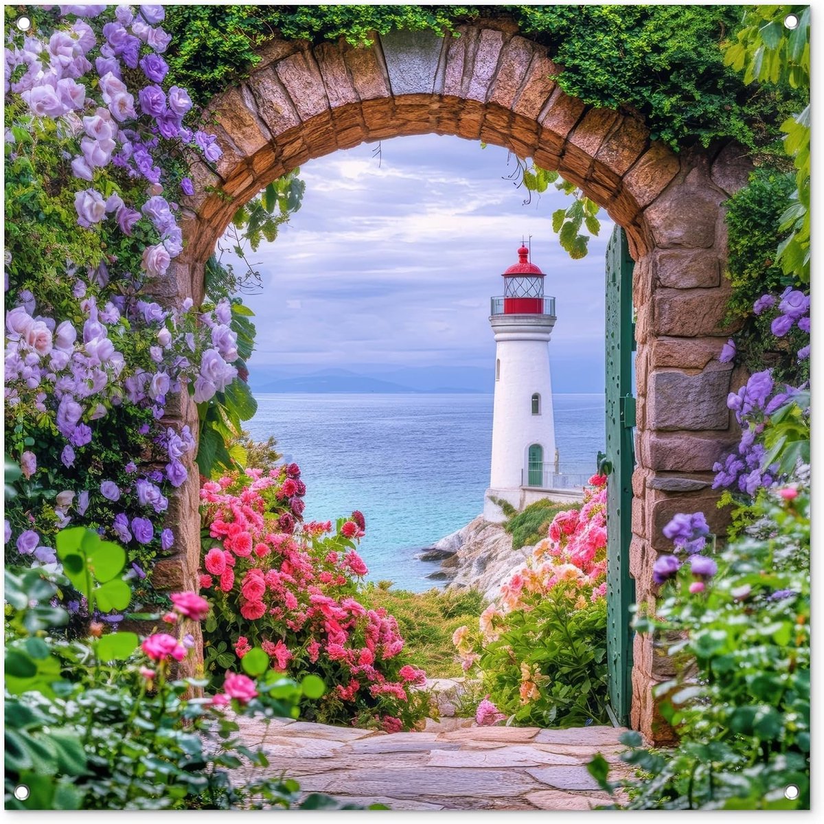 Tuinposter 100x100 cm Balkon Tuindecoratie Poster Garden Outdoor Posters Tuin Decoratie Tuinposters Voor Buiten Terras Tuinmuurdecoratie Doorkijk - Vuurtoren - Bloemen - Uitzicht