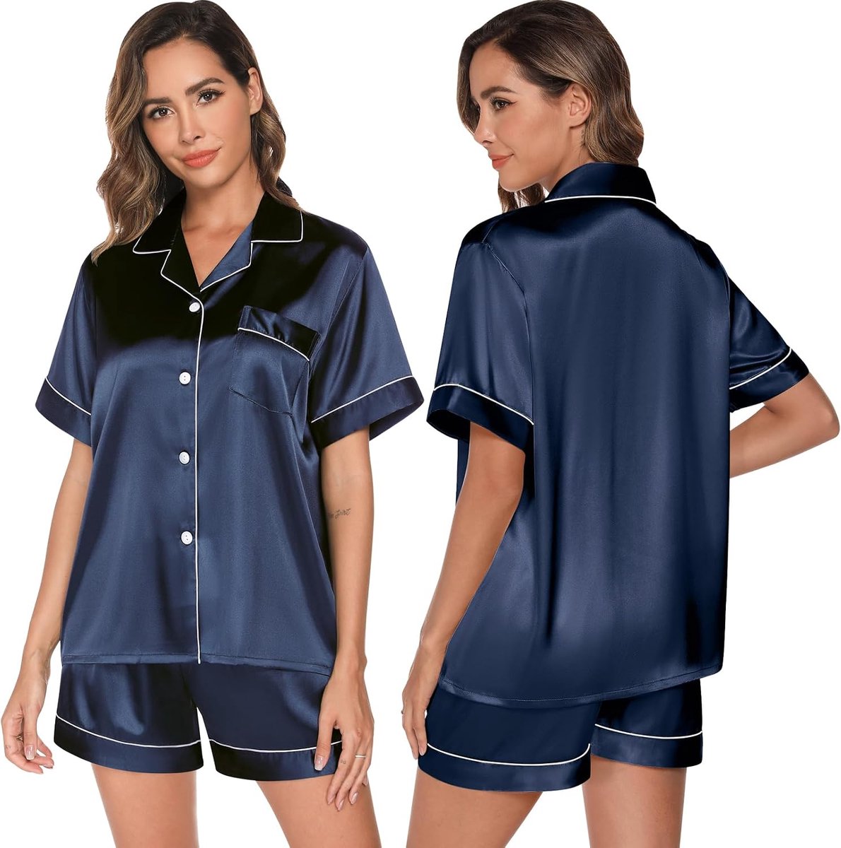 Damespyjama, tweedelige pyjama met lange mouwen en knopen, satijnen, winterpyjama, nachtkledingset, S-XXL