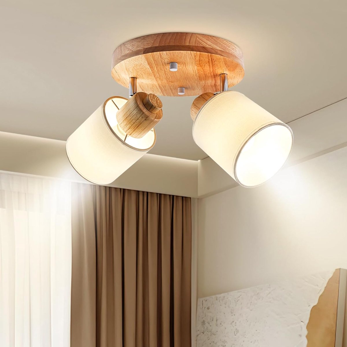 Plafondlamp, 2 flammig hout - ronde plafondlamp, plafondspot, vintage, E14, zwenkbaar, lamp voor plafond, wandlamp, MAX 30W, voor slaapkamer, keuken, hal, zonder lampen
