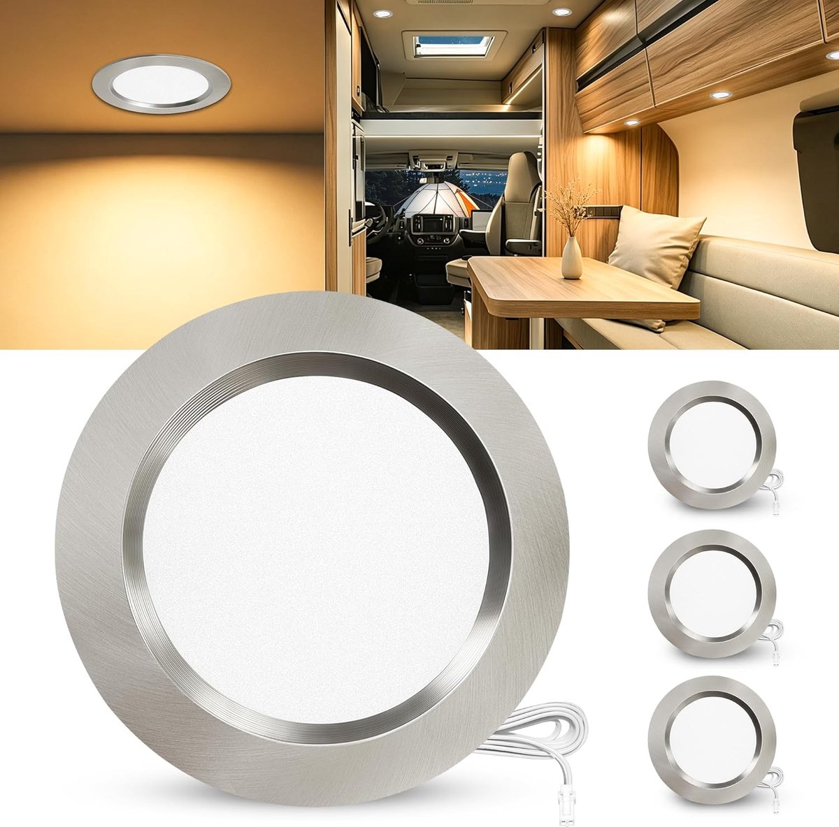 LED 12V, 3000K Warm Wit 3.5W 330LM Alu LED Spots Dimbaar, Meubelinbouwlamp 55-58mm en 12mm Ultradun, IP44 Plafondspots Voor Camper Caravan Boot Keuken Badkamer, Nikkel Set Van 3