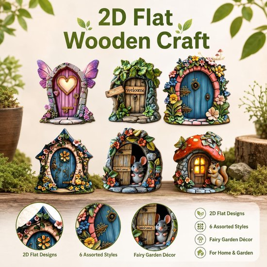 Set van 6 miniatuurtuindeuren van hout, elfendeuren voor binnen en buiten, weerbestendig en gedetailleerd, perfect voor feeëntuin, kinderfeest of als cadeau voor natuurliefhebbers — afbeelding 4
