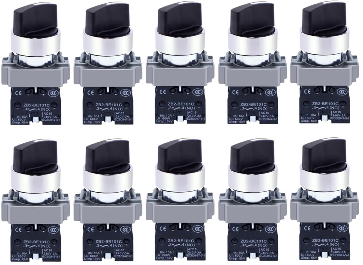 1 NO 2 Selector Vergrendelende Schakelaar, 10 Stuks 10A Draaischakelaar, XB2 BD21 Selectieschakelaar Industriële Schakelaar voor Machinebesturing | 600 V 10 A draaischakelaar voor machinebesturing