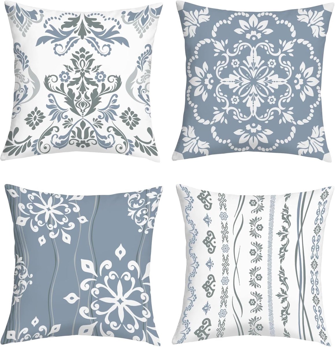 Kussenhoezen 45 x 45 cm - Set van 4 vintage damastbloemen - Grijs geometrisch design - Perfect voor bank en slaapkamer - ShopVlot
