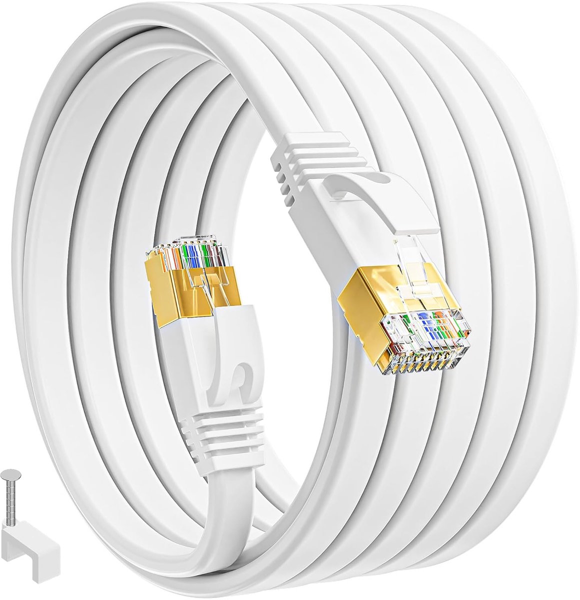 Kabel 20 Meter, Cat 7 Ethernetkabel 20m Wit Hoge Snelheid 10Gbps 600Mhz Afgeschermd Netwerkkabel 65ft Plat Lan Cable Gigabit Rj45 Wlan Kabel Slank Patchkabel Voor Router Modem