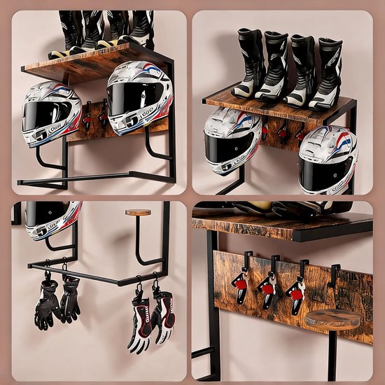 Helmhouder - Dubbele Helmhouder Wandmontage - IJzer & Retro Hout Zwevend - 36kg Draagvermogen - Incl. 4 Haken & 4 Clips - Ophangstang voor Jassen - Voor Hal, Garage & Berging — afbeelding 4