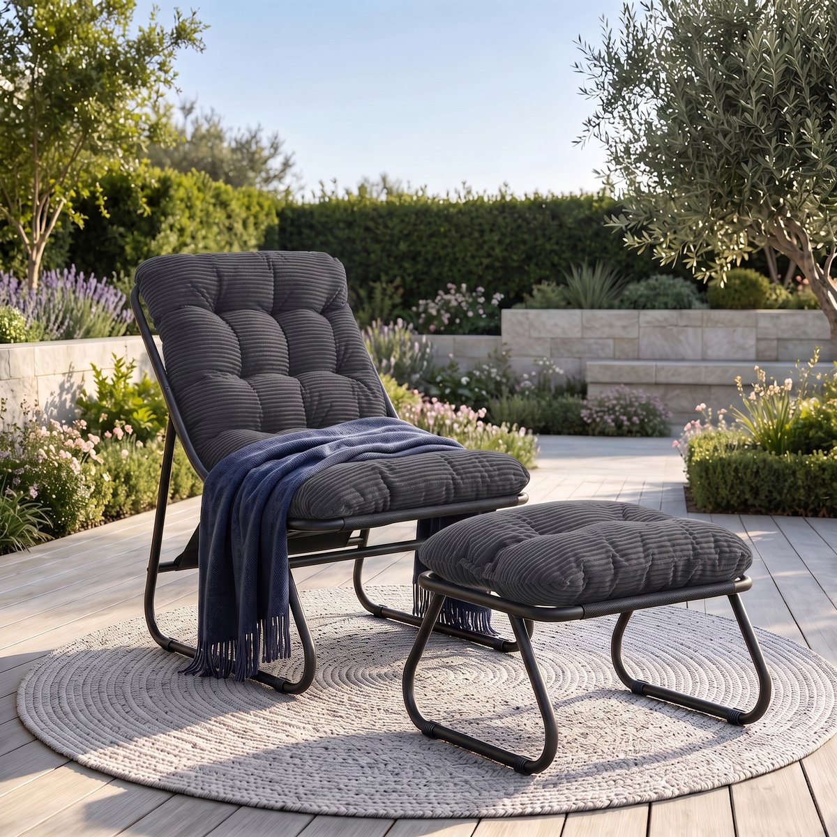 Intebiki Loungestoel met poef 65 x 78 x 86 cm - Met Voetenbank En Dikke Kussens - Voor Woonkamer En Balkon - Donkergrijs