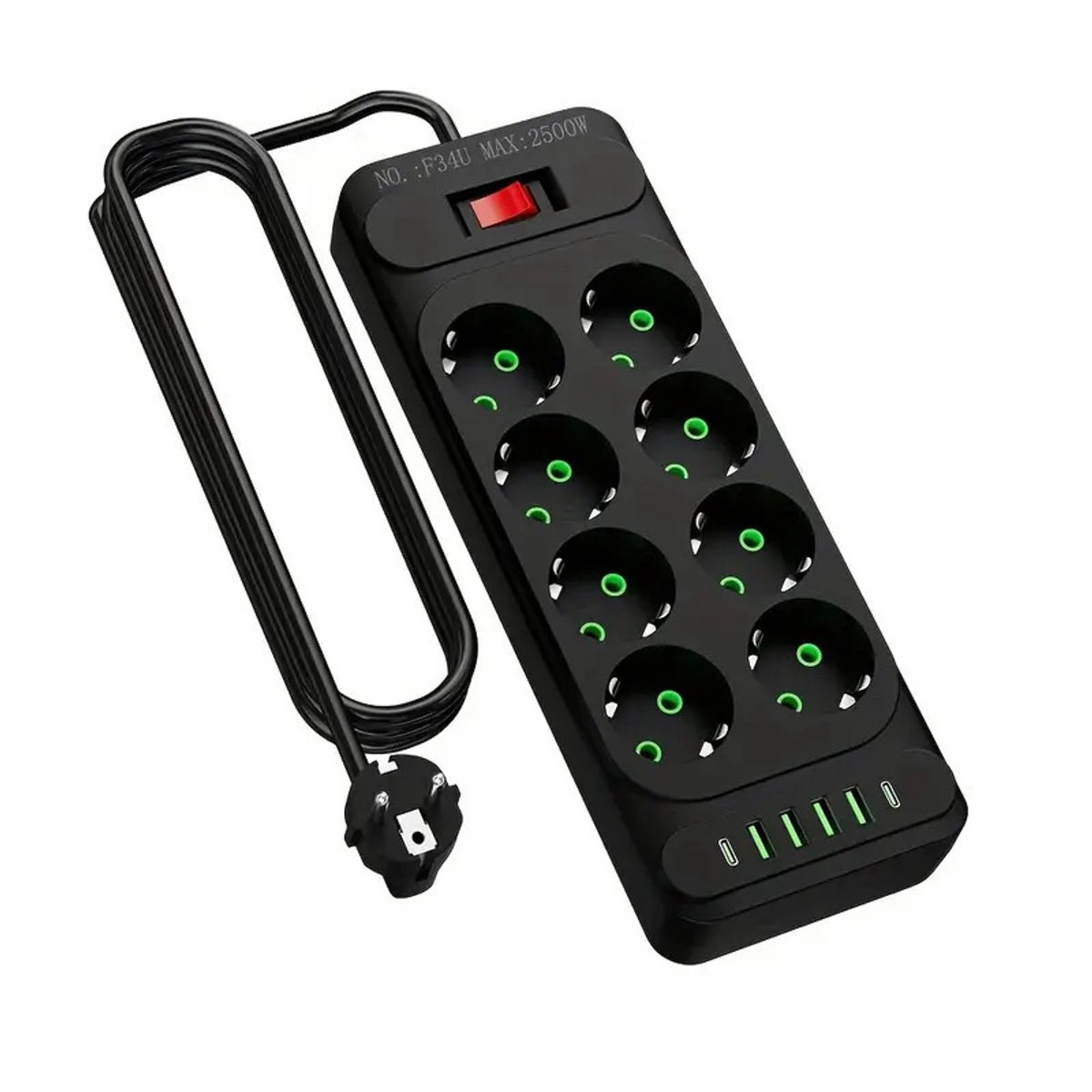 14-in-1 stekkerdoos met USB-C – meervoudige stekkerstrip met 8 stopcontacten en 6 USB-poorten (2 USB-C, 4 USB-A) – overspanningsbeveiliging met schakelaar – 1,8m verlengsnoer – voor kantoor – zwart.