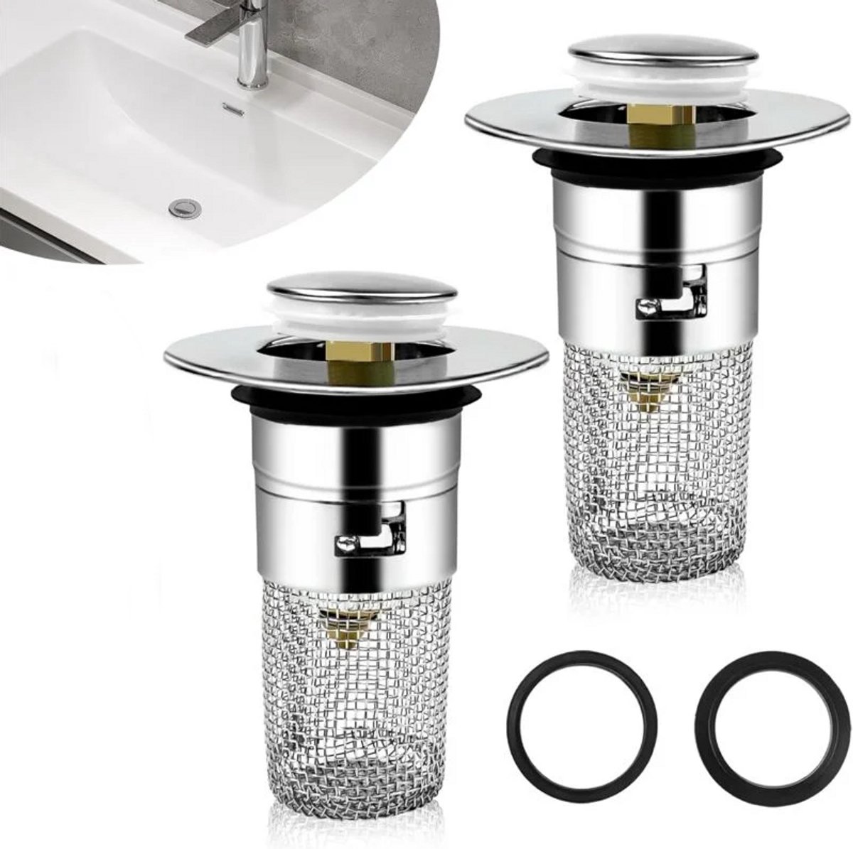 carmdering - Universele Wastafelplug 33-40 mm – Set van 2 Pop-up Afvoerpluggen met Haarfilter – Afvoerstop en Afvoerzeef 2-in-1 – Voor Wastafel en Doucheafvoer – Chroom