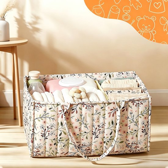 Luiertas - Met handvat - Luiermand - Opbergmand voor babybenodigdheden - Draagbare tas - Reistas - Grote speelgoedmand - Bloemenprint - 38*25*18 cm - Kraamcadeau — afbeelding 5