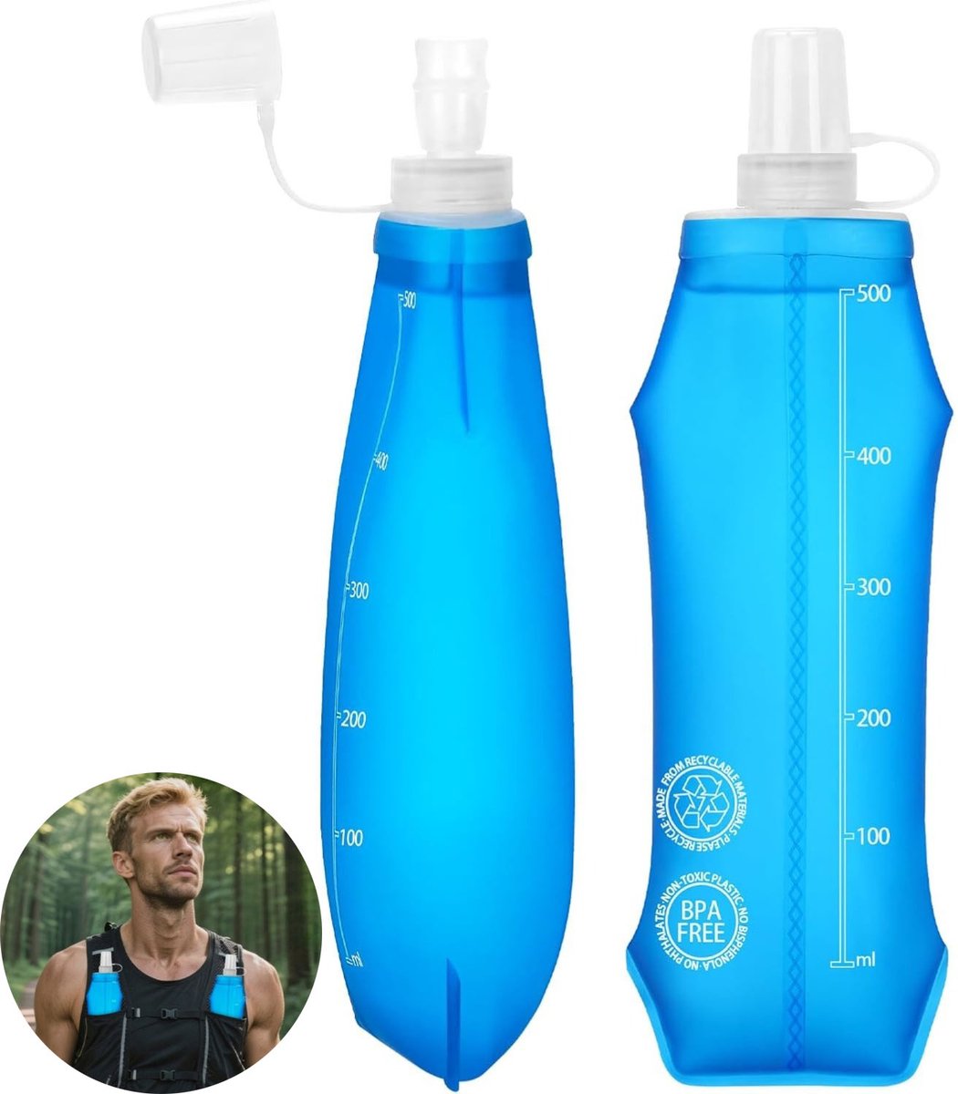 2 Stuks Zachte Sportwaterfles 500ml | Vulopening 20mm Opvouwbare drinkfles BPA-vrij, hardloop- en wandelaccessoire
