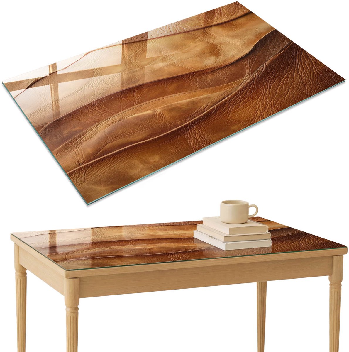 ArtPrintCave Leertextuur Glazen Tafelblad 120x80 cm - Tafelblad Rechthoek - Bruin Keukentafel - Texturen Keukentafel