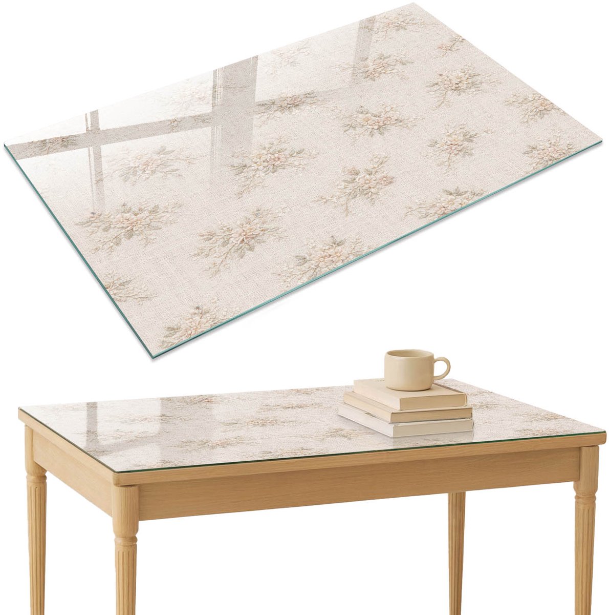 ArtPrintCave Bloemmotieven Glazen Tafelblad 120x80 cm - Tafelblad Rechthoek - Beige Keukentafel - Bloemen en planten Bureaublad
