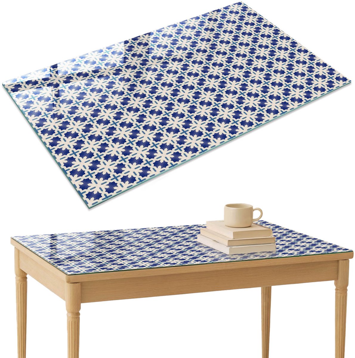 ArtPrintCave Geometrische elegantie Glazen Tafelblad 120x80 cm - Tafelblad Rechthoek - Marine Tafelblad Glas - Geometrie Bureaublad