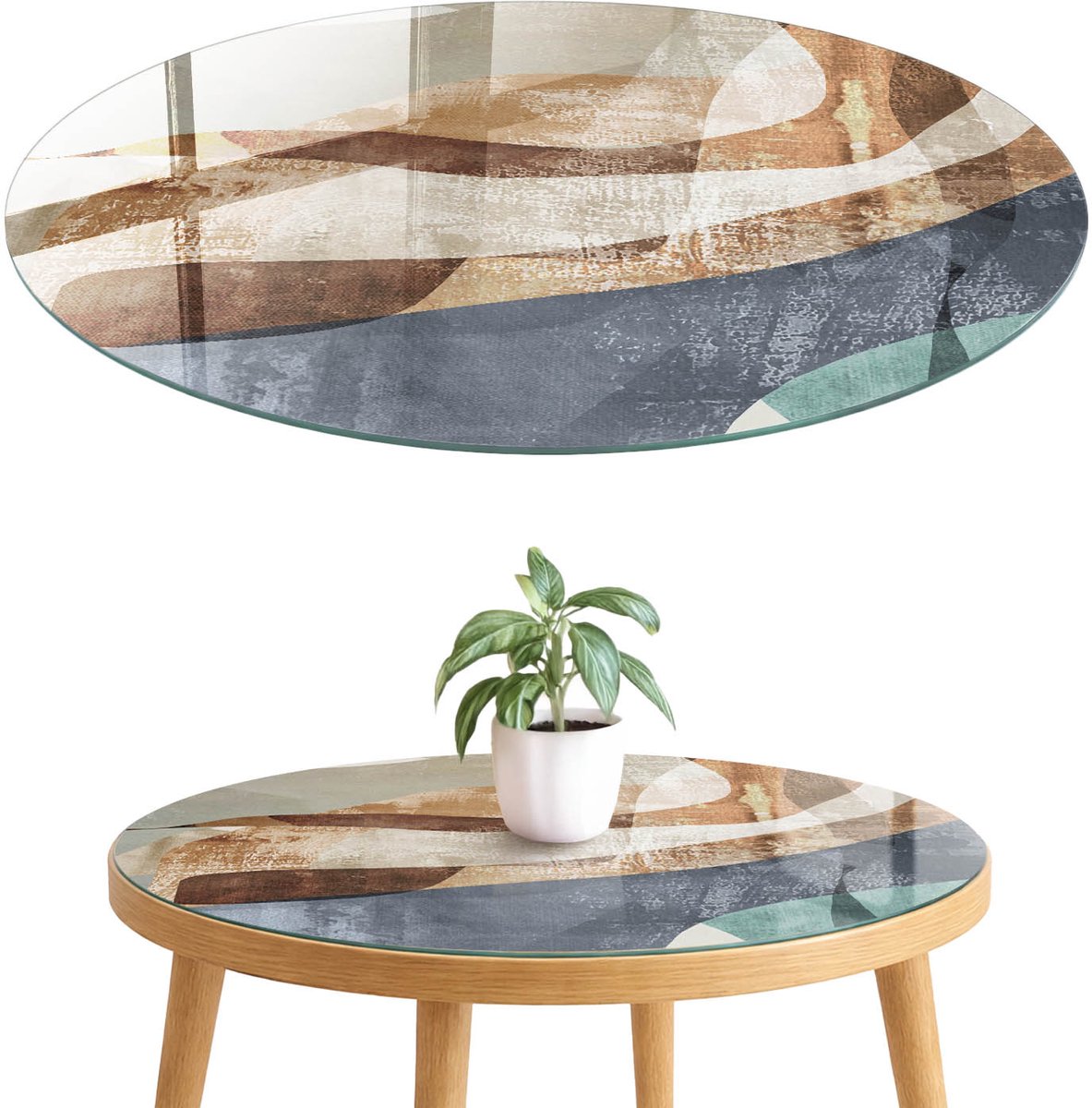ArtPrintCave Elegante compositie Glazen Tafelblad fi70 cm - Tafelblad Rond - Bruin Tafelblad Glas - Abstractie Bureaublad