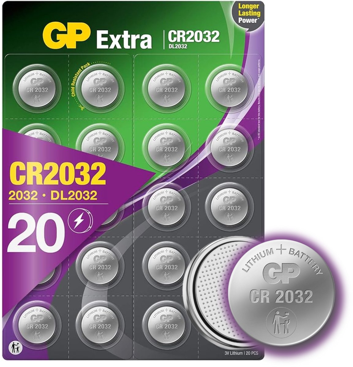 GP Extra Lithium CR2032 batterij - 20 stuks knoopcel batterijen CR2032 3V (CR 2032 batterij, DL2032)
