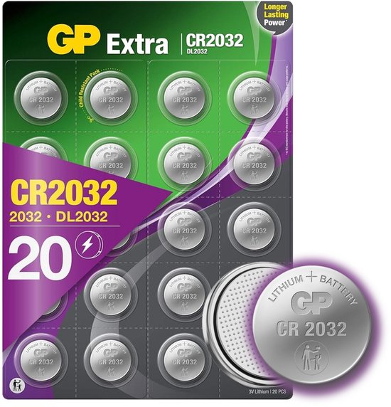 GP CR2032 3V lithium knoopcel batterijen, 20 stuks in blisterverpakking. De batterij is zilverkleurig met tekst.