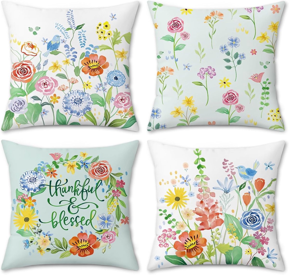 Decoratieve Kussenhoezen met Lente Bloemen 45 x 45 cm - Groene Bladeren, Zachte Velours Kussens voor Sofa, Bed en Zomer Decor - Set van 4