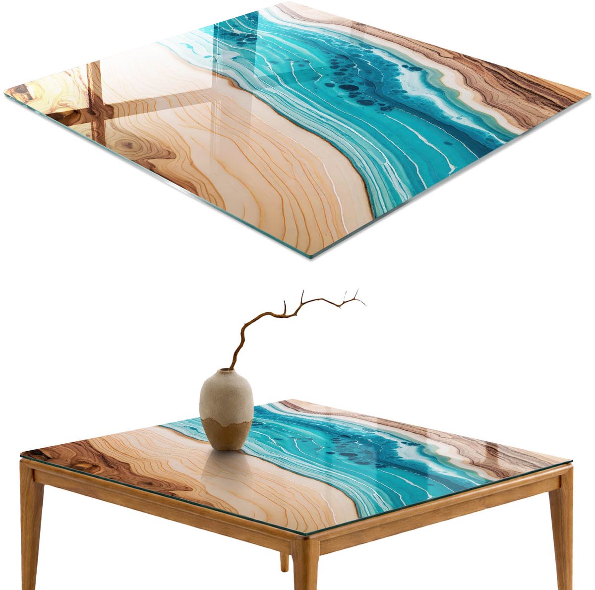 ArtPrintCave Geode kunst Glazen Tafelblad - 50x50 cm - Tafelblad Vierkanten - Turkoois Eettafel Met Glasplaat - Abstractie Tafelblad Glas
