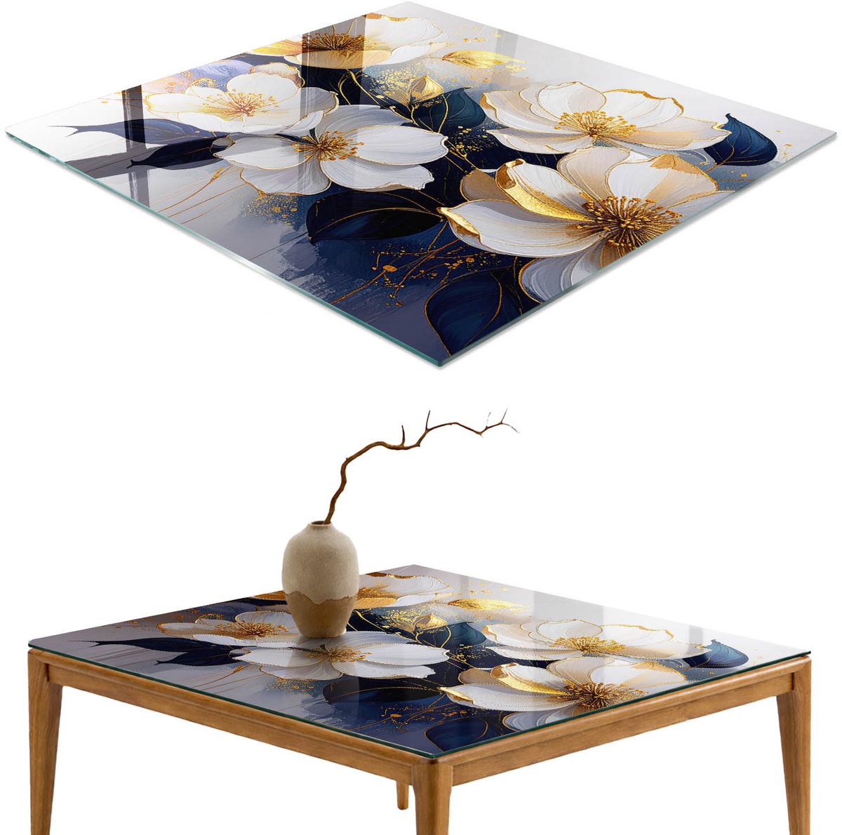 ArtPrintCave Bloemige elegantie Glazen Tafelblad - 50x50 cm - Tafelblad Vierkanten - Wit Keukentafel - Bloemen en planten Glazen Eettafel