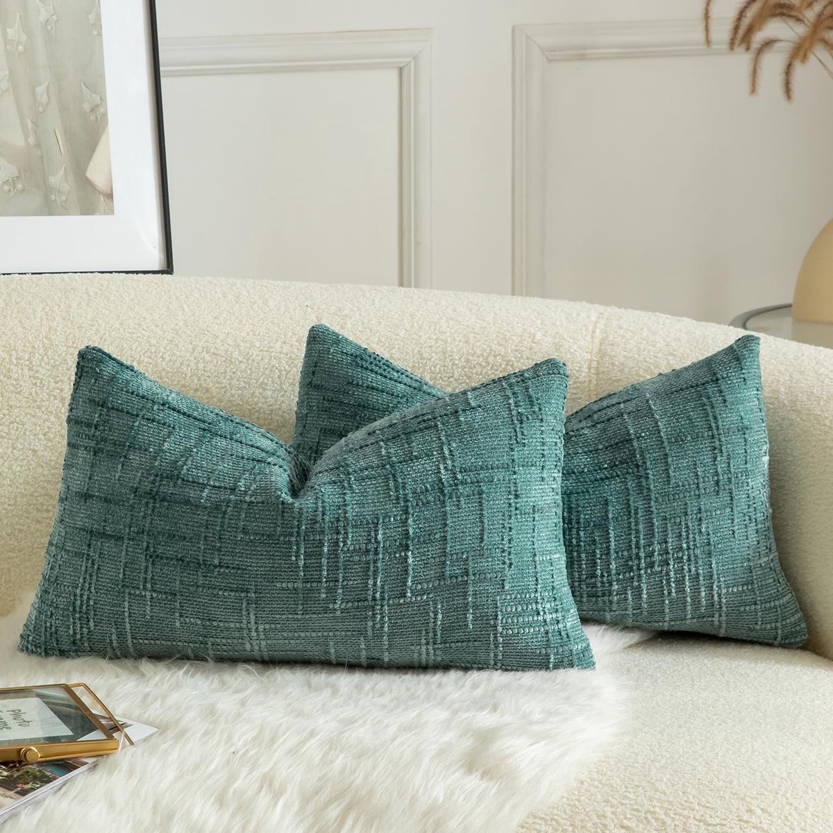 Set van 2 Zachte Chenille Textuur Kussenhoezen, Lumbar Accent Kussens voor Sofa en Bed, Decoratieve Farmhouse Kussenhoezen 30 x 50 cm Teal
