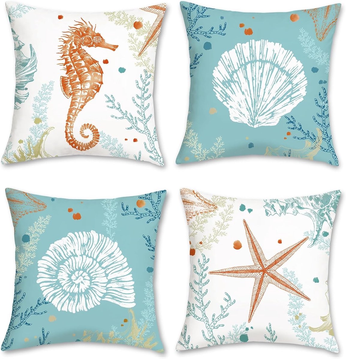 Coastal Kussenhoezen 45x45cm Dubbelzijdig Zeepaard Sterrenvis Schelp Decoratief Blauw Kussen voor Bank Bed Terras Thuis Zomer Decor Set van 4