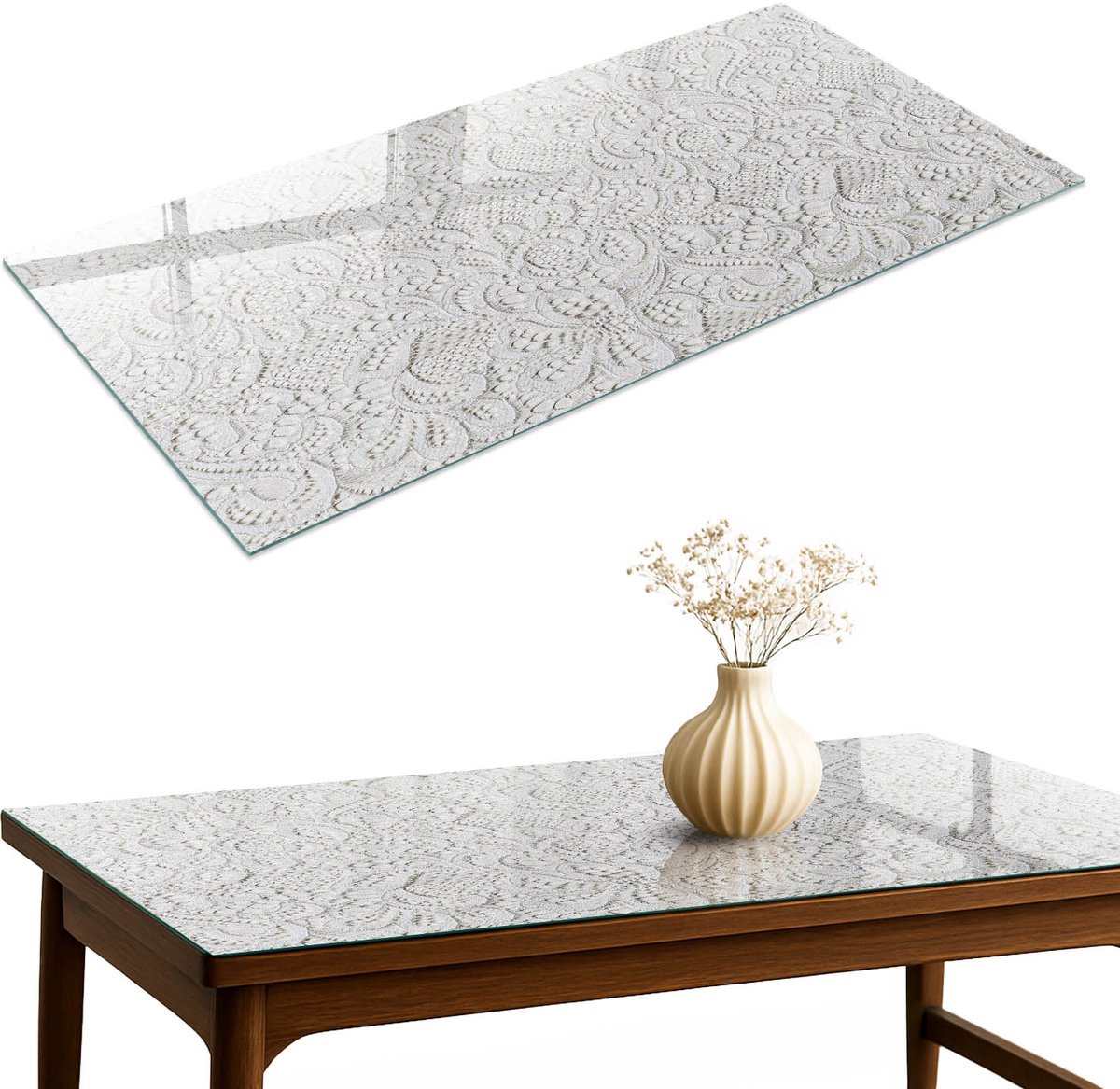 ArtPrintCave Kantpatronen Glazen Tafelblad 120x60 cm - Tafelblad Rechthoek - Wit Keukentafel - Texturen Keukentafel