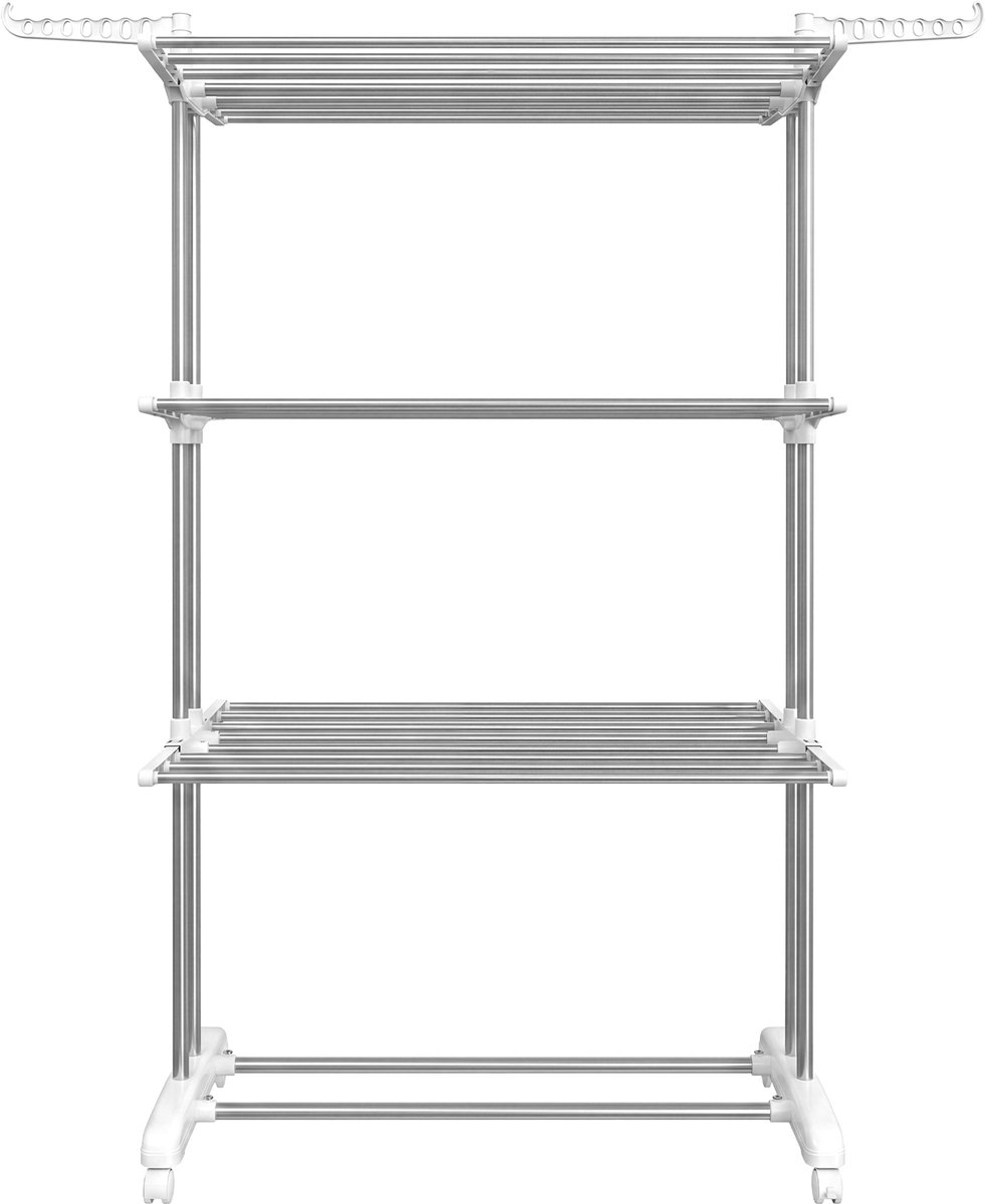 Wasdroogrek op wielen - 4 niveaus - Inklapbare zijvleugels - 63,5 x 128 x 173 cm - Zilverwit