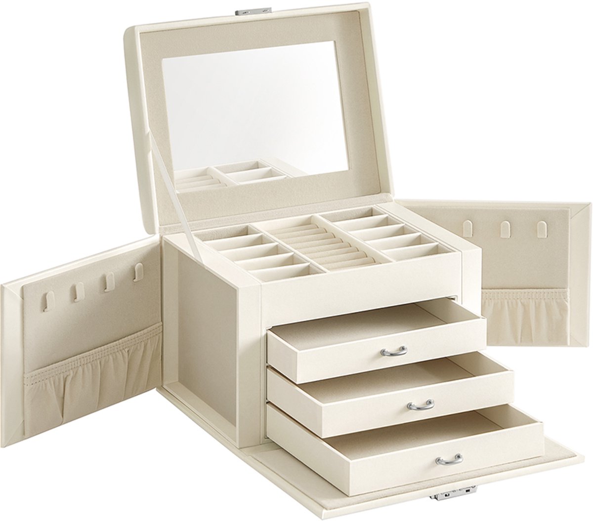 Sieradendoos met 4 lagen - Handvat en spiegel - 17,5 x 22,5 x 16,5 cm - Wolkenwitte hoes
