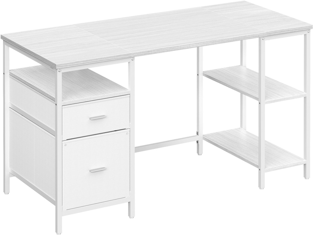 Computerbureau met 3 planken en 2 lades - Esdoorn wit-wolk wit - 140 x 60 x 76 cm - Esdoornwit