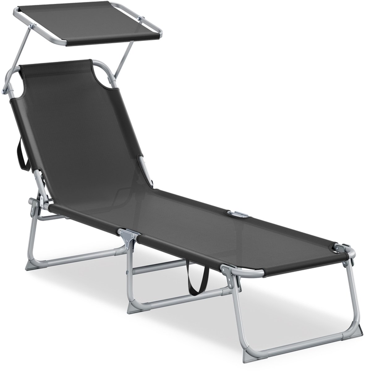 189 x 53 x 28 - 5 cm Opklapbare ligstoel met verstelbare rugleuning en zonnescherm - 189 x 53 x 28,5 cm - Zwart