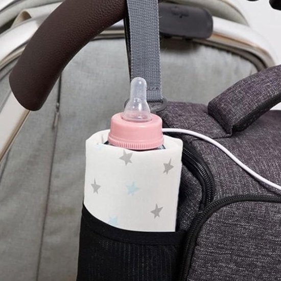 USB babyfles verwarmhoes sterrenpatroon wit met grijze sterren, draagbare universele fleswarmer voor auto en reis, zachte stof verwarmzak voor baby zuigflessen — afbeelding 3