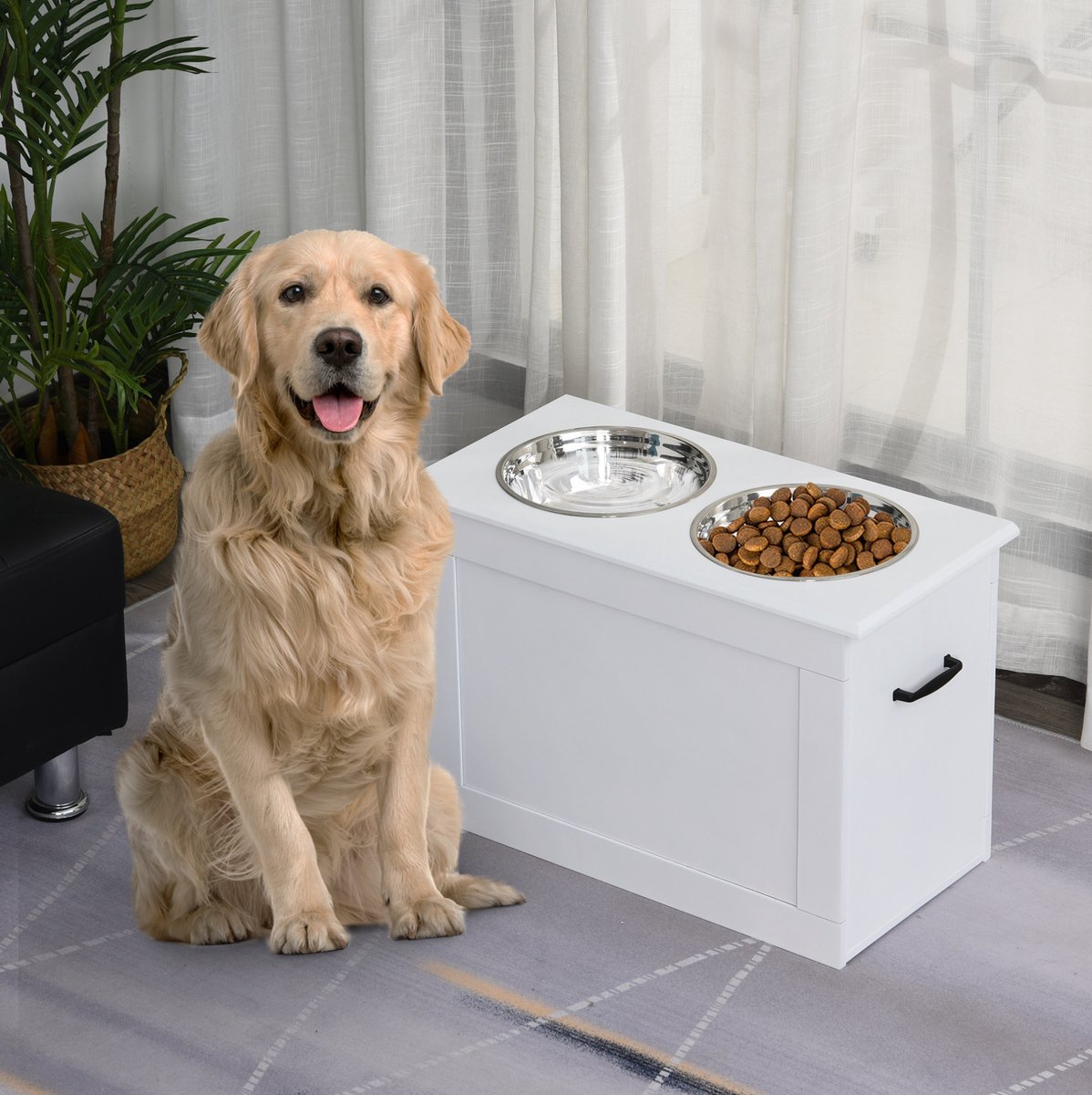 REDOM - Verhoogde voerbak voor hond en kat met opbergruimte - Dubbele RVS-bakken - MDF behuizing - Wit - 60 x 30 x 41 cm