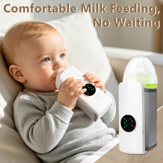 Witte USB babyfles verwarmhoes met klittenband en digitaal display, instelbaar van 30°C tot 55°C, draagbare constante warmte fleswarmer voor reis, auto en thuisgebruik — afbeelding 2