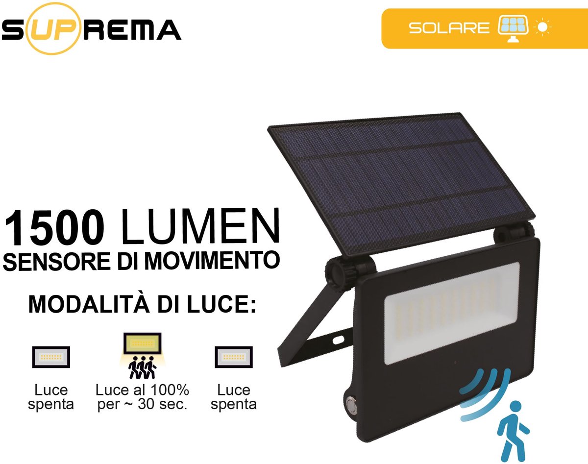 SnelShoppen - Zonneprojector met PIR-bewegingssensor, LED-spot voor buiten, IP65, ABS, aluminium, 2 lichtmodi, 120 cycli autonomie, accessoires voor t