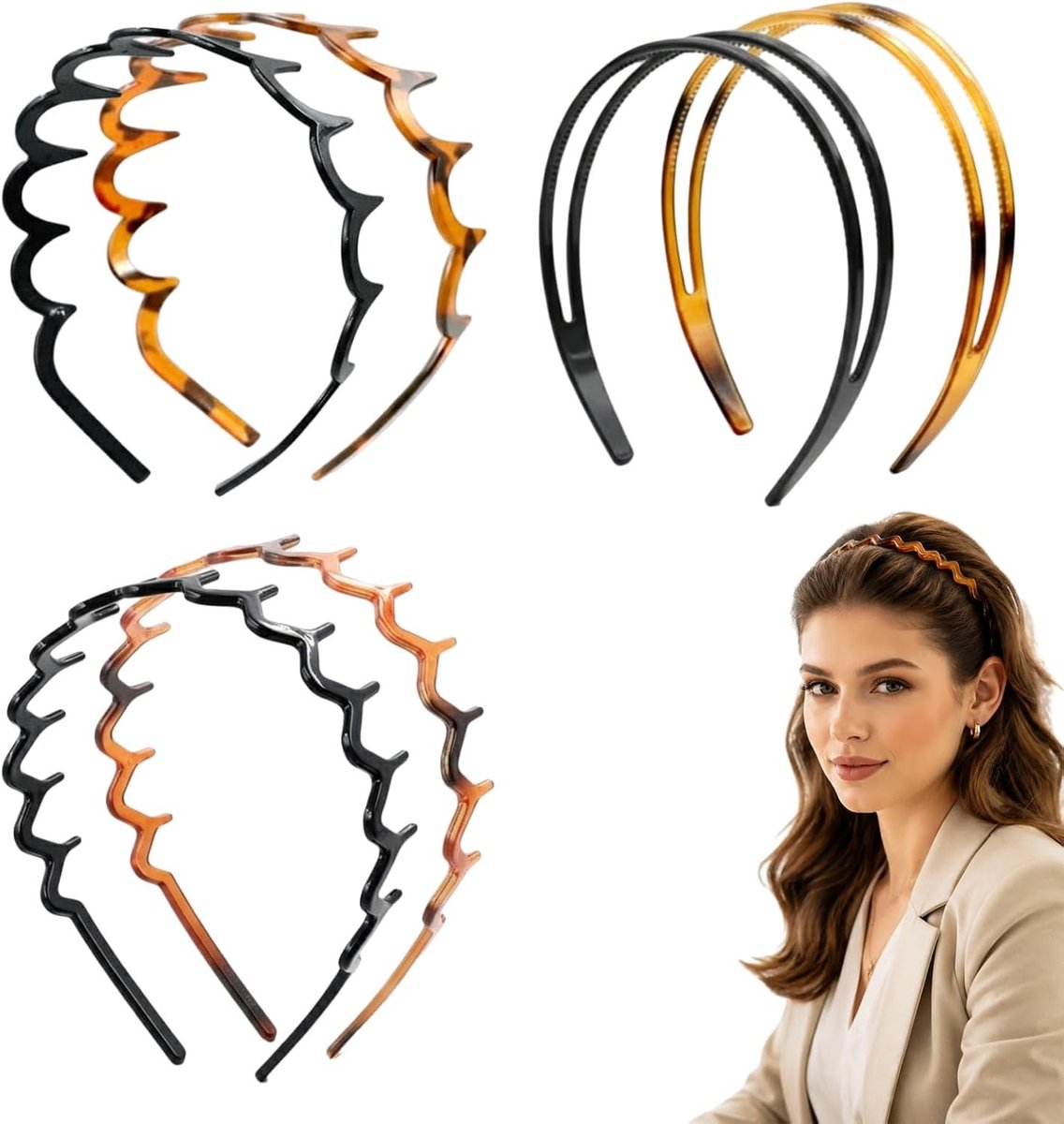 Zigzag haarbanden set van 6 voor dames en heren, 15 CM haarbanden voor stevige fixatie tijdens lezen, make-up en sportactiviteiten