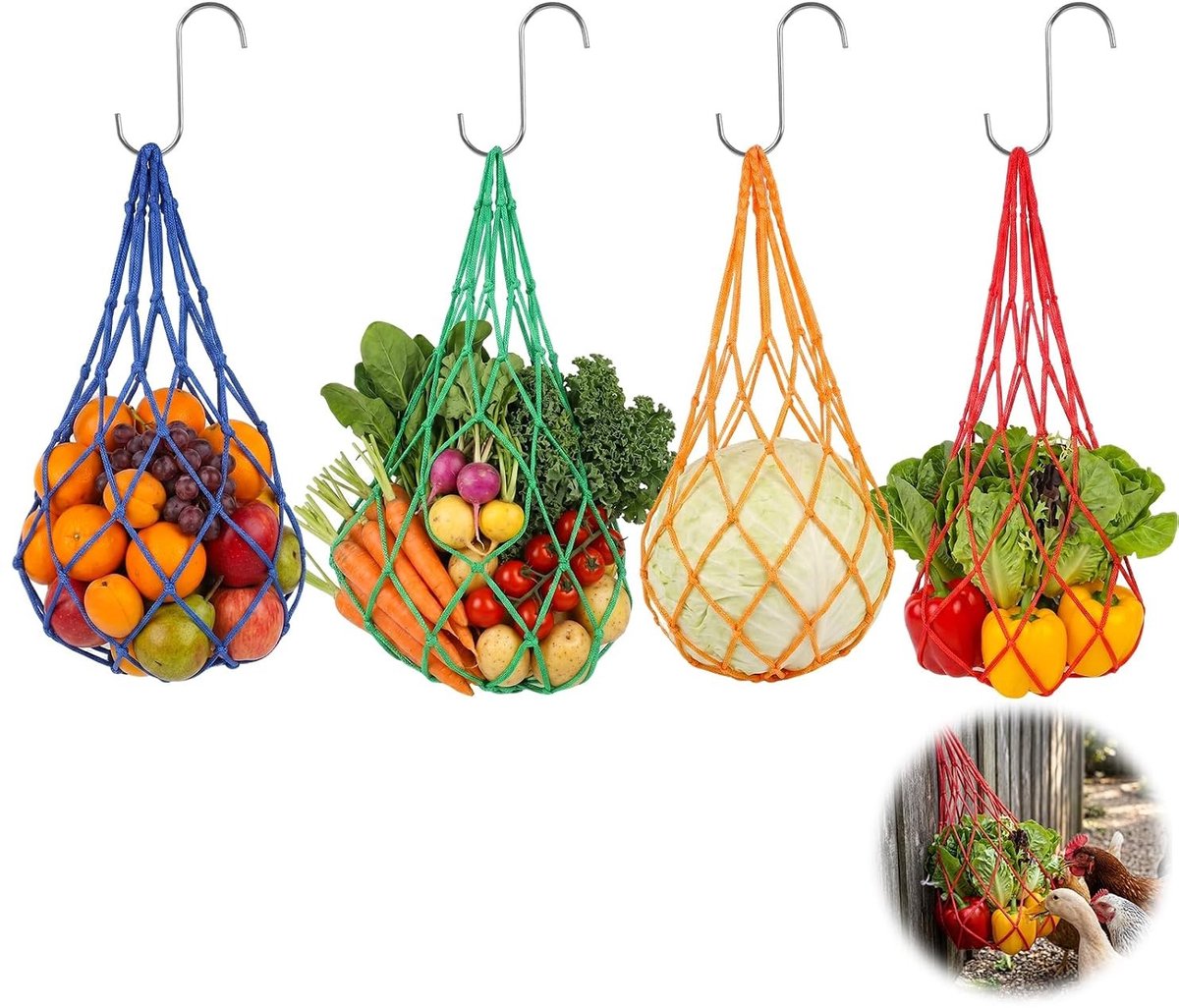 Duurzame set van 4 kippenvoerstrikken met S-haken, nylon voederzakken voor kippen, eenden en ganzen, ideaal voor fruit en groenten opslag