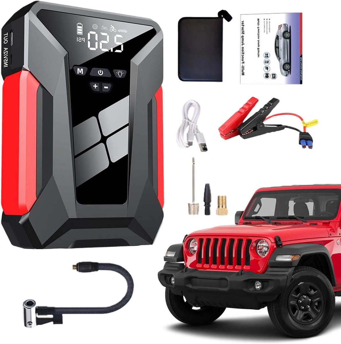 Autostarter met Bandenpomp - Booster Pack Noodstroom - Auto Noodsituaties - Geïntegreerde Bandenpomp - 18 x 12 x 3cm - Zwart