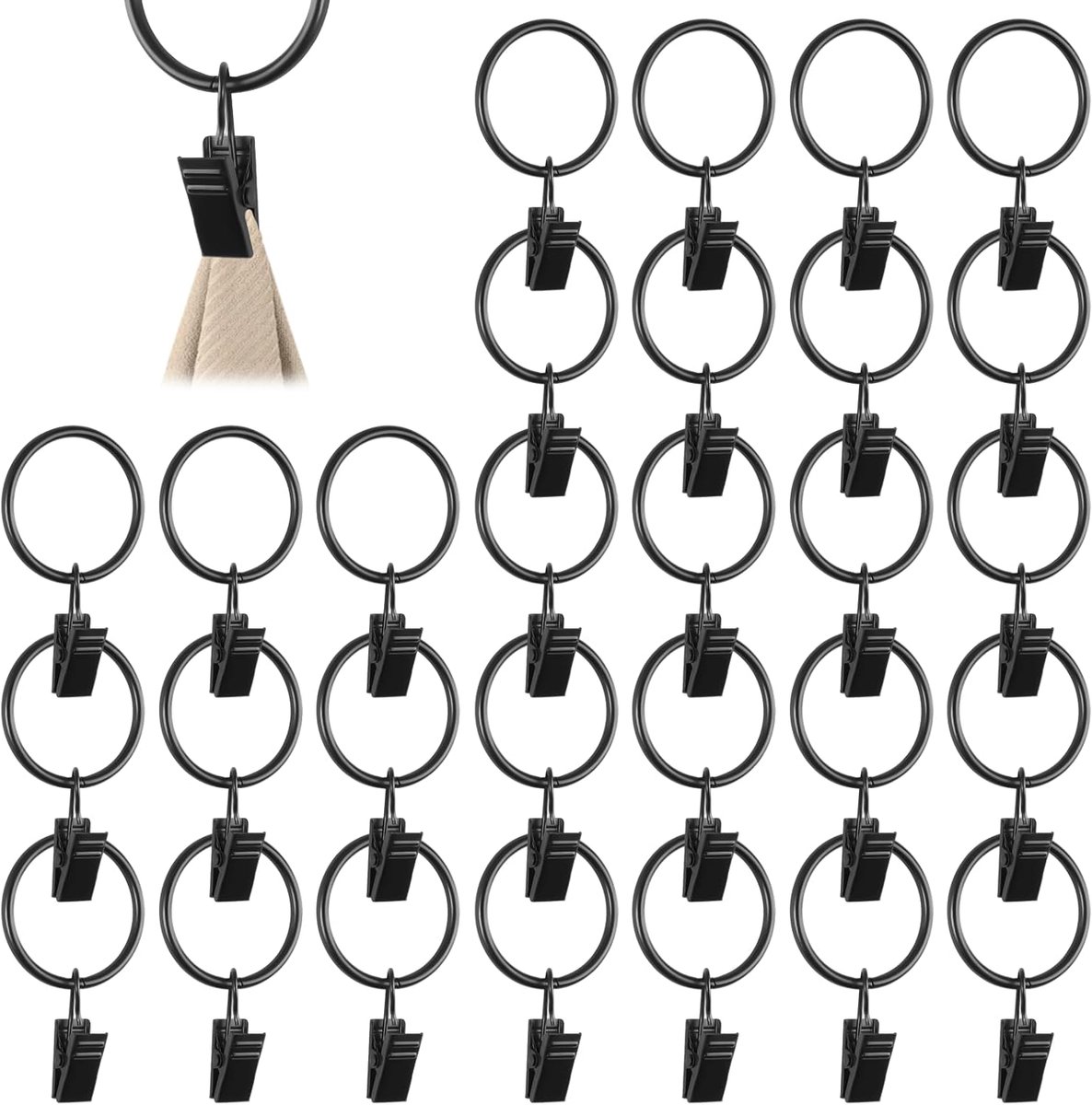 30 Stuks Gordijnringen met Clips, 32 mm Binnendiameter Zwart - ShopVlot