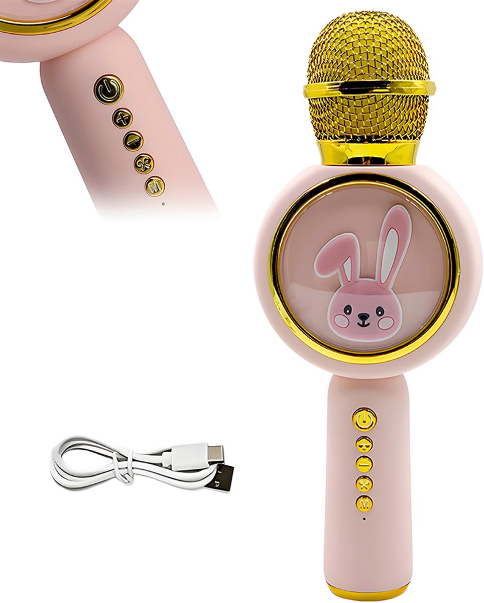 Karaokemicrofoon – Cartoon karaokemicrofoon – LED-verlichting – Bluetooth-luidspreker – Karaokemicrofoon en luidspreker in één – Schattig konijntje – Speciaal voor kinderkaraoke – Roze