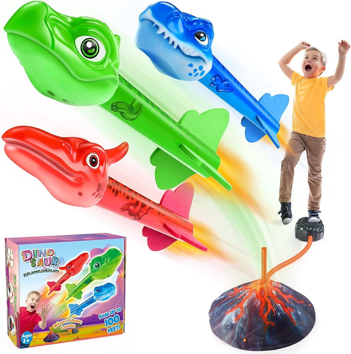 SnelShoppen - Kinderracket met 3 Dinosaurussen Schuimraketten - Buiten Speelgoed voor Jongens van 3-12 Jaar - Tuin, Park, Verjaardag, Pasen Cadeau