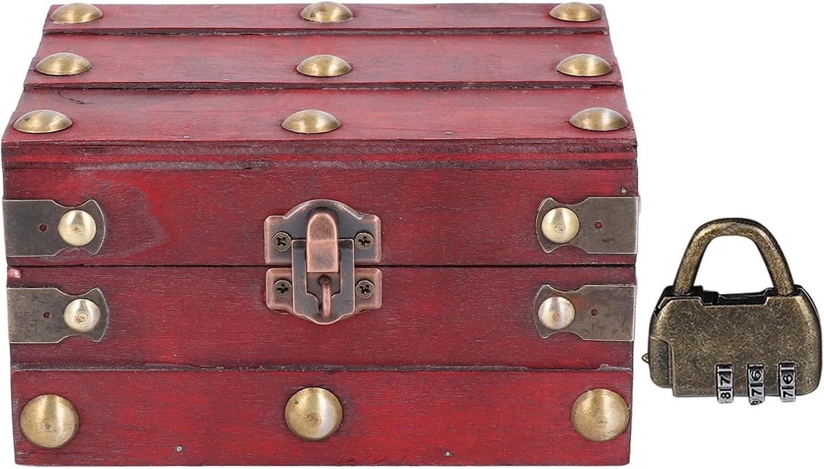 SnelShoppen - Vintage Houten Opbergdoos met Slot, Multiplex Schatkist 5,71 X 4,72 X 3,35 Inch, Decoratieve Sieradendoos voor Thuis en Kantoor in Rood