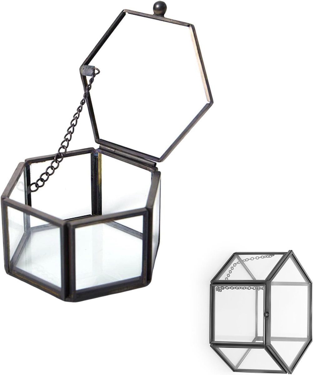 SnelShoppen - Elegante Vintage Glazen Sieradenbox Geometrisch - Hexagonale Ringdoos van 8 x 6 x 4 cm - Zwarte Glazen Sieradenopberger voor Ringen en O
