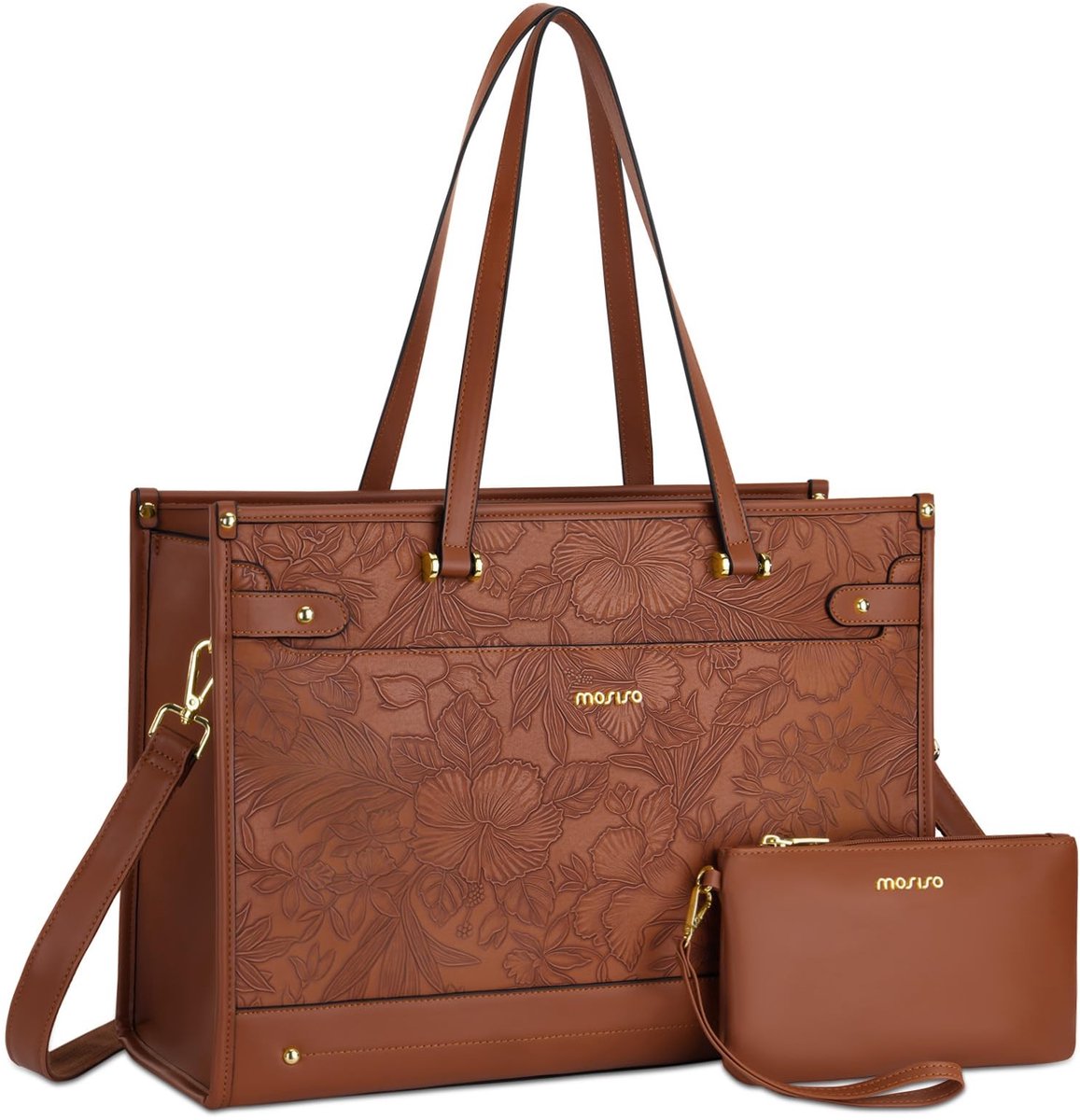 Omgoods - Tote Laptoptas Dames 15,6 Inch - Vintage Bruin Kunstleer met Clutch