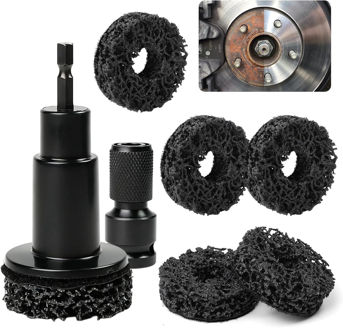 radnabenschijfer met 6 schuurkoppen, auto-remnabenreinigingsgereedschap voor roestverwijdering wielnaaf en rotoren voor boormachines of 1/2-inch slagschroevendraaier, 1