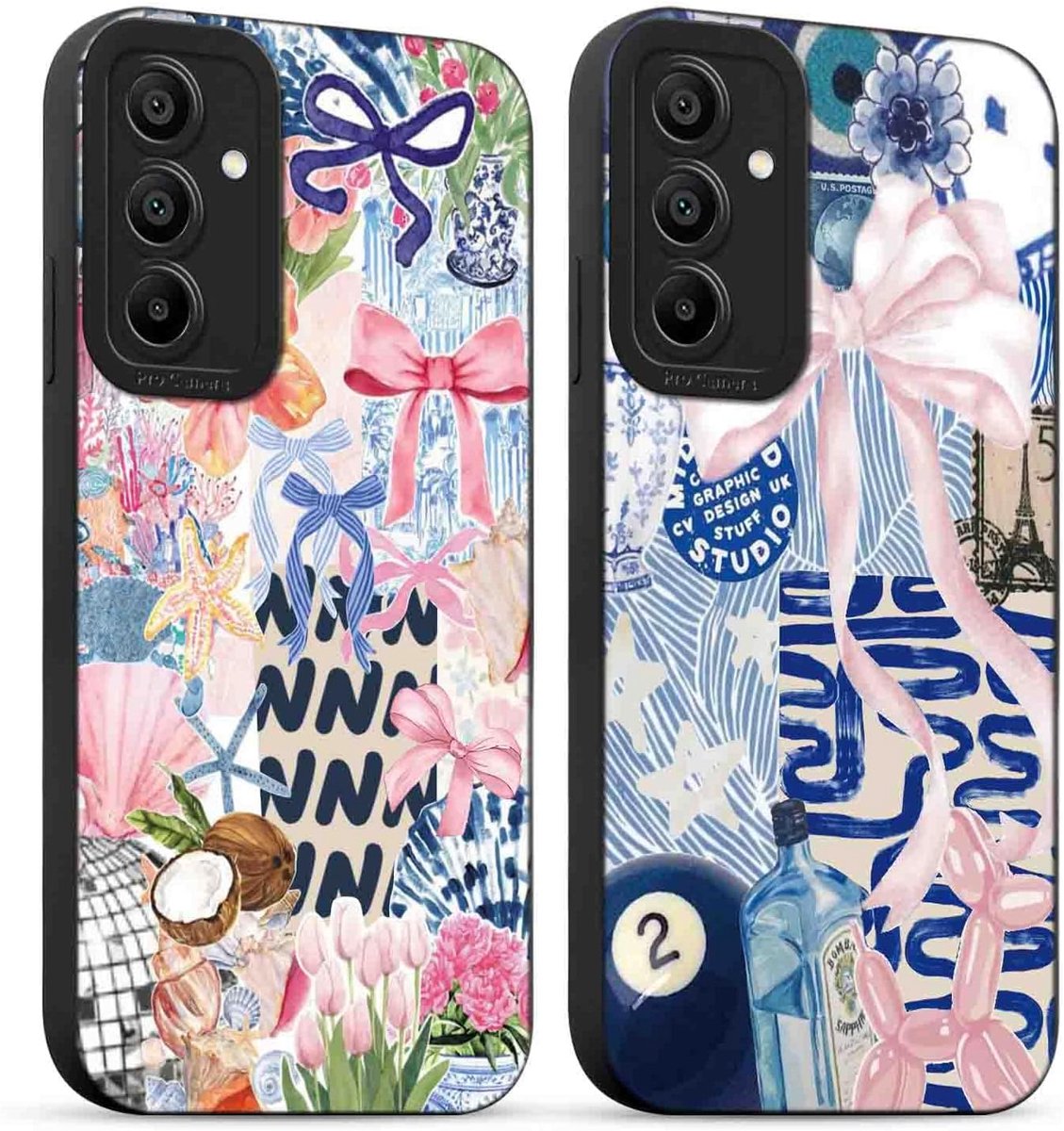 2 stuks zomerhoesjes voor Samsung Galaxy A14 5G 6,8 inch, siliconen hoesje met strik, zomer, collage, esthetisch motief, design, bescherming camera, schokbestendig, voor dames, TPU