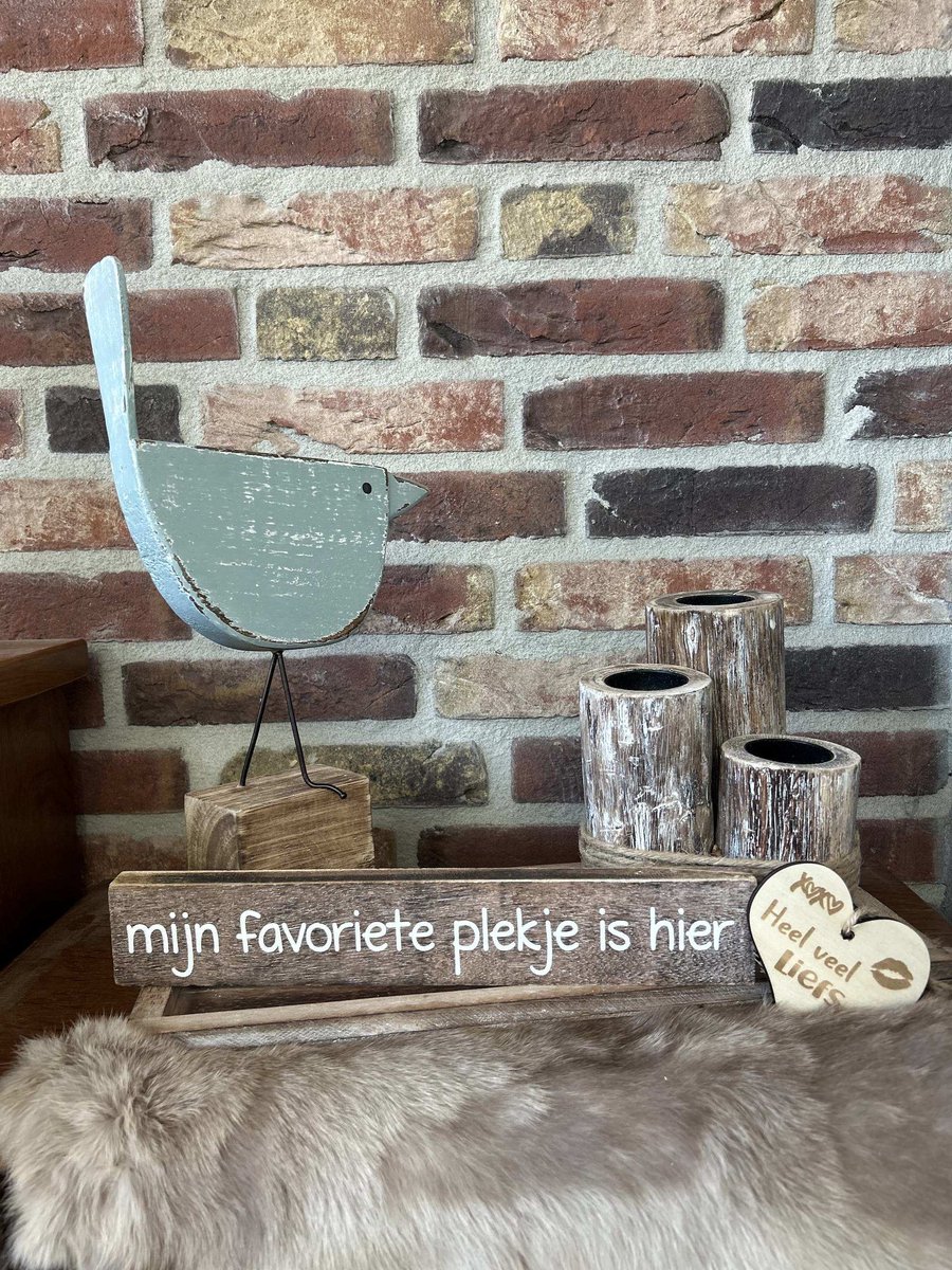 Creaties van hier – Cadeau pakket Favoriete plekje - dienblaadje bruin- vogel op blok - waxinehouders - tektblokje favoriete plekje - met houten hartje -