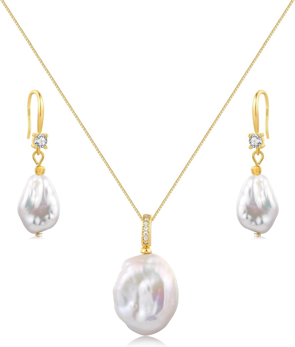 Barokke parelset voor dames (halsketting + oorbellen), 14 karaat goud/witte barok pareloorbellen, hanger barokke parels 45,7 cm + 5 cm, damessieraden, geschikt voor elke gelegenheid