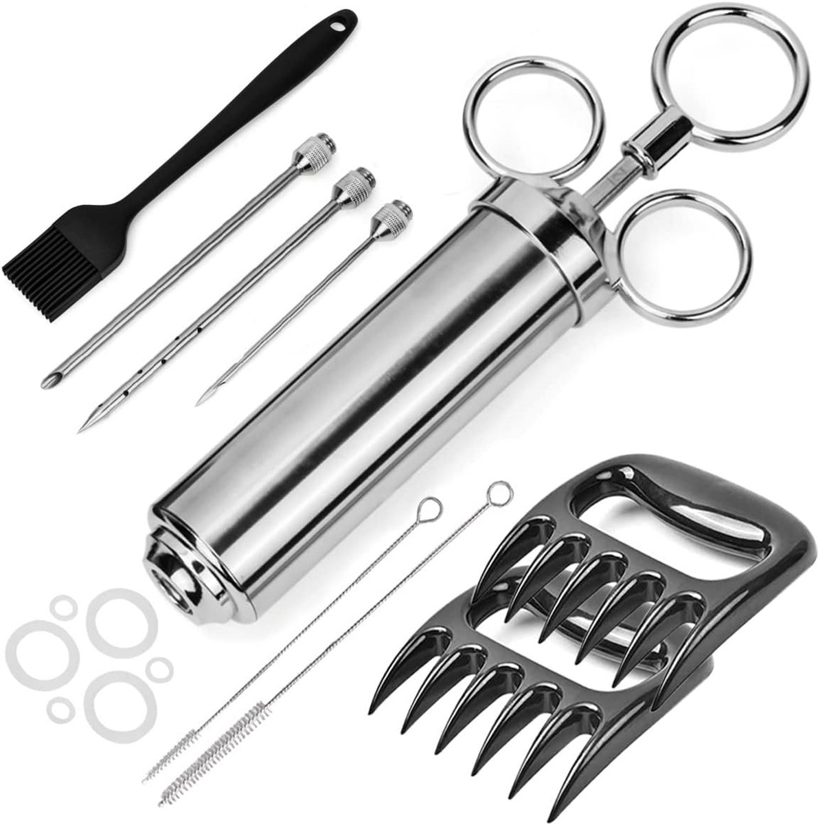 Pork Set incl. braadspuit Pulled Pork klauwen Marineerkwast RVS vleesspuit 60 ml Marinade Spuit met 3 naalden borstel vleesklauwen kruidenspuit voor BBQ Grill vlees rund