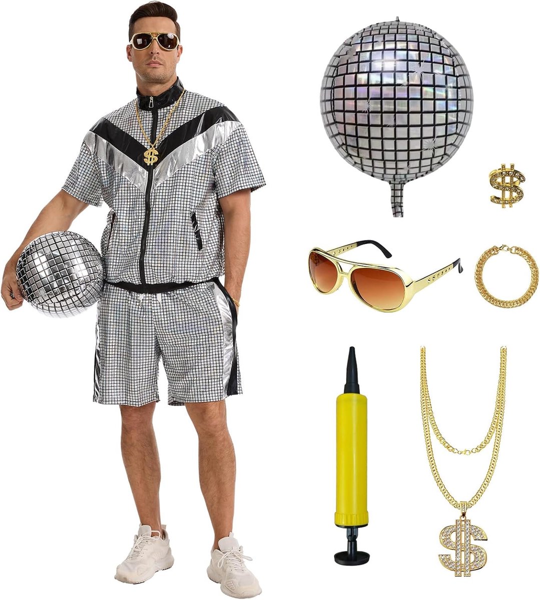 80 disco outfit voor heren, gouden glans, retro trainingspak set met accessoires, jaren 70/80-kostuum voor carnaval, themafeest, Halloween, hiphop, rapperkostuum voor heren