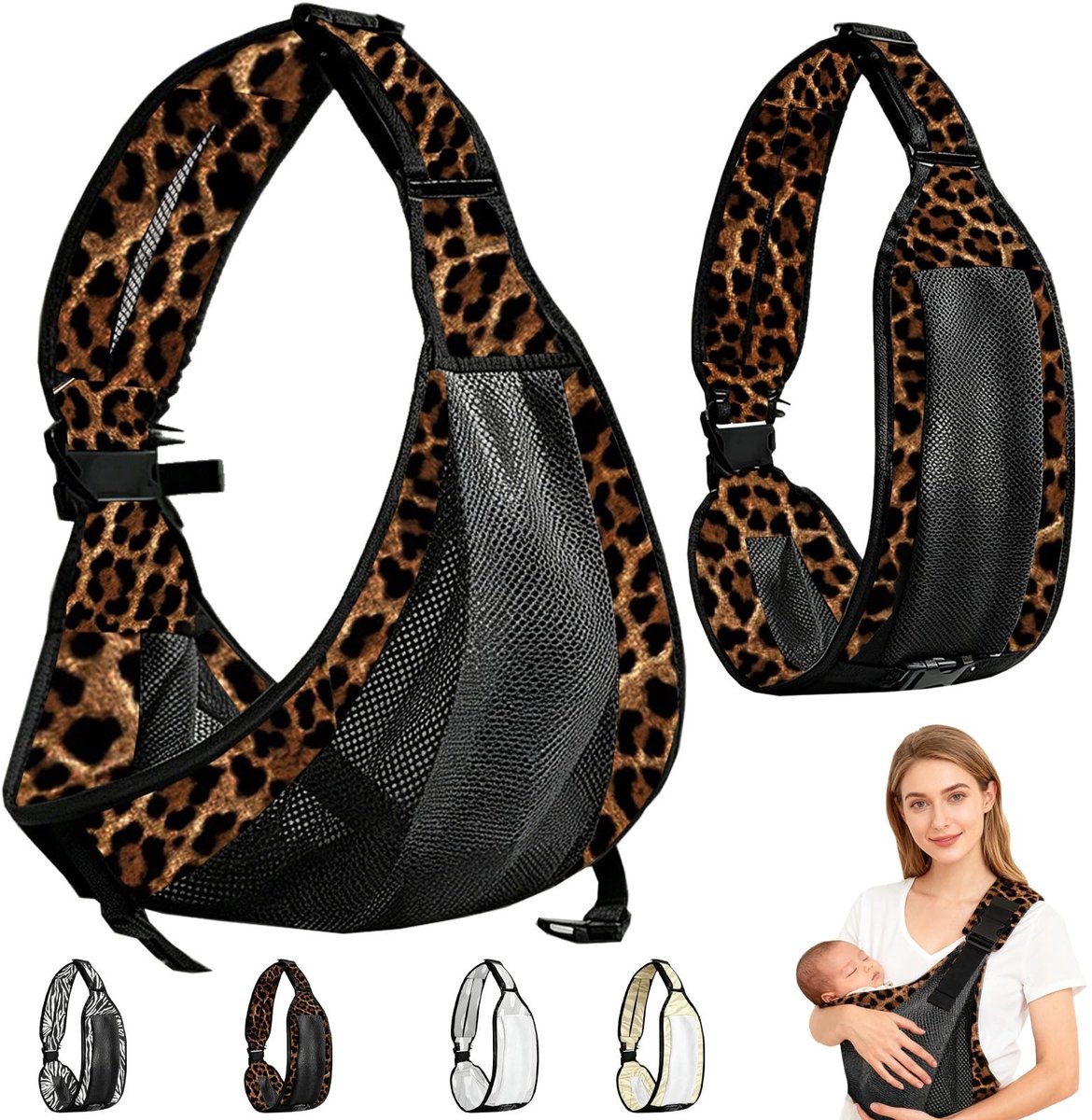 SnelShoppen - Ergonomische Babydrager aan de Zijkant voor Pasgeborenen tot 36 Maanden - Bruin met Luipaardprint, Draagvermogen tot 20 kg, Ideaal voor